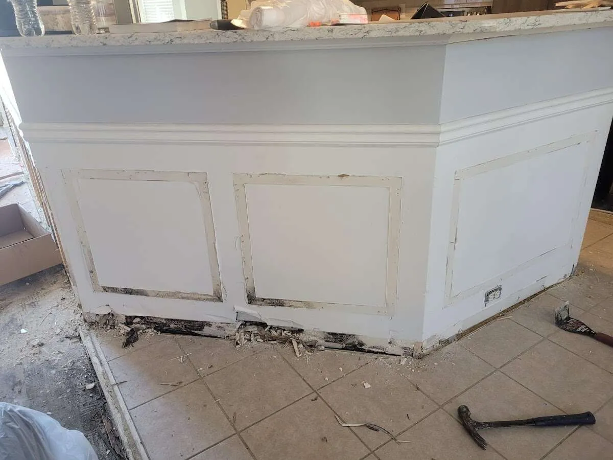 Water damage and mold on kitchen during Sewage Cleanup & Sanitation in Orange